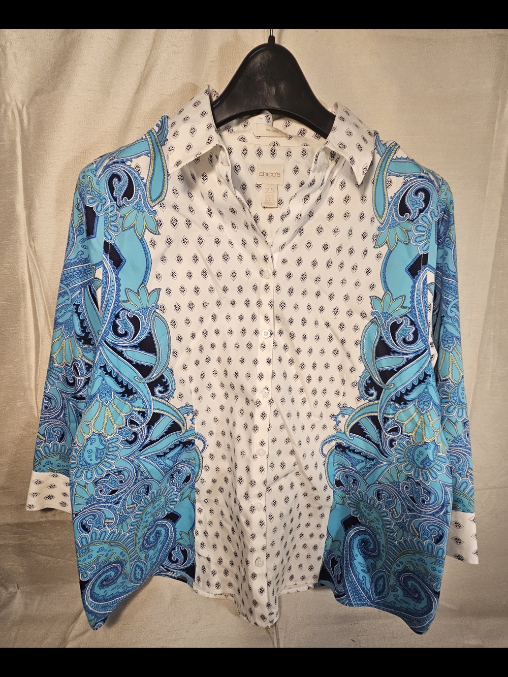 Chico's Women's White Button-Up Shirt with Black Geometric Print Size 2.5